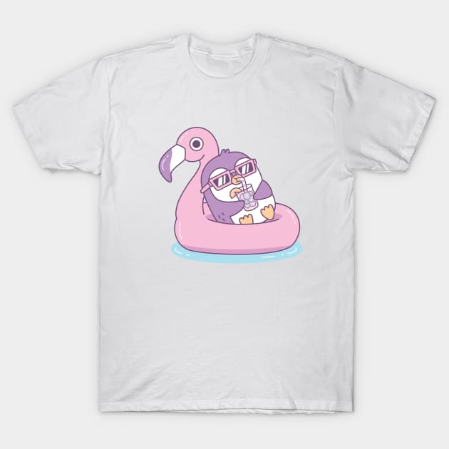 Cute Purple Penguin Chillin On Pink Flamingo Pool Float T-Shirt by rustydoodle